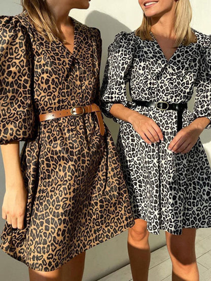 A-line Half Sleeves Buttoned Elasticity Leopard No Belt Zipper Lapel Mini Dresses