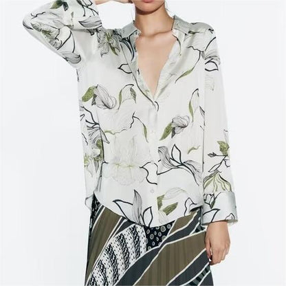 Spring Summer Silk Satin Textured Printed Shirt – Print Blouse