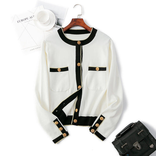 Classic Socialite Knitted Cardigan Contrast Color Coat for Autumn Winter Slimming Long Sleeves Coat Top