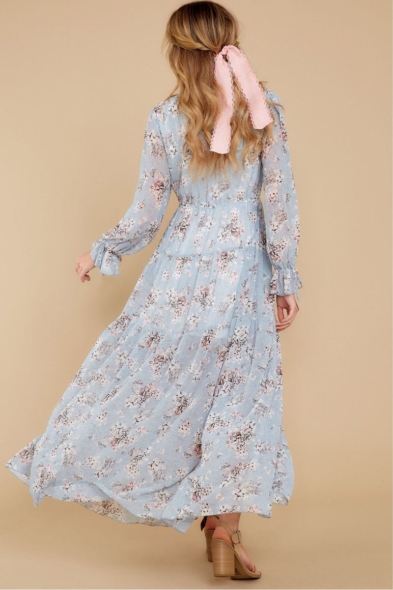 Puff Sleeve V-neck Ruffle Hem Maxi Dress Blue