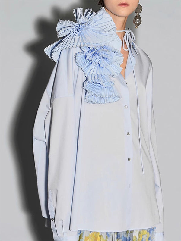 Long Sleeves Loose Asymmetric Buttoned Pleated Color Split-joint Three-dimensional Flower Lapel Blouses&shirts Tops