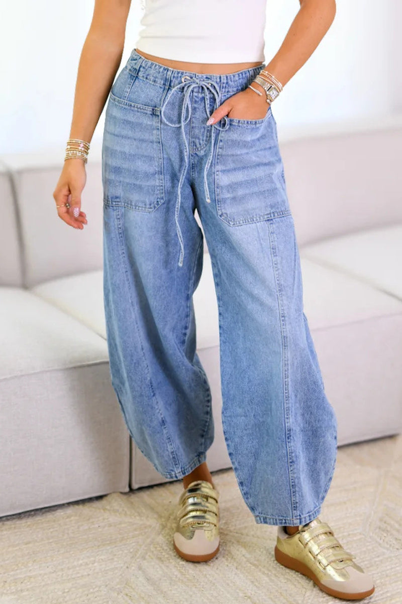 Distressed Pocket Lace Up Mid Waist Loose Denim Jeans