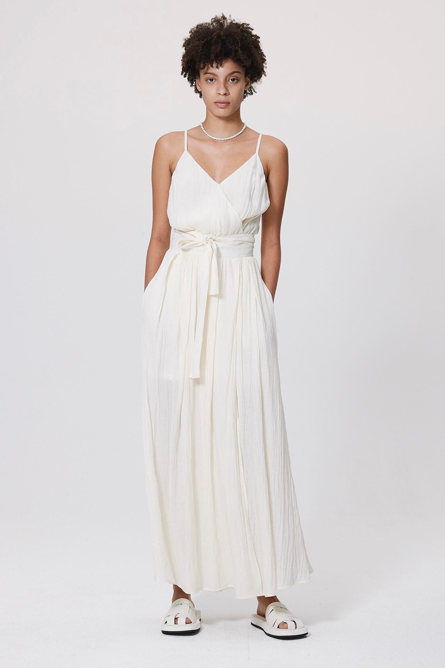 Wrapover Lace Up Cami Maxi Dress Beige