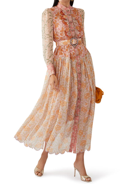 Splicing Long Sleeve Midi Dress With Belt