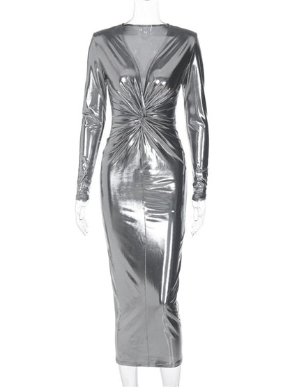 Tossy V-neck Pleated Maxi Dress Female Slim High Waist Long Sleeve Party Looks Dress Patchwork Long Dress