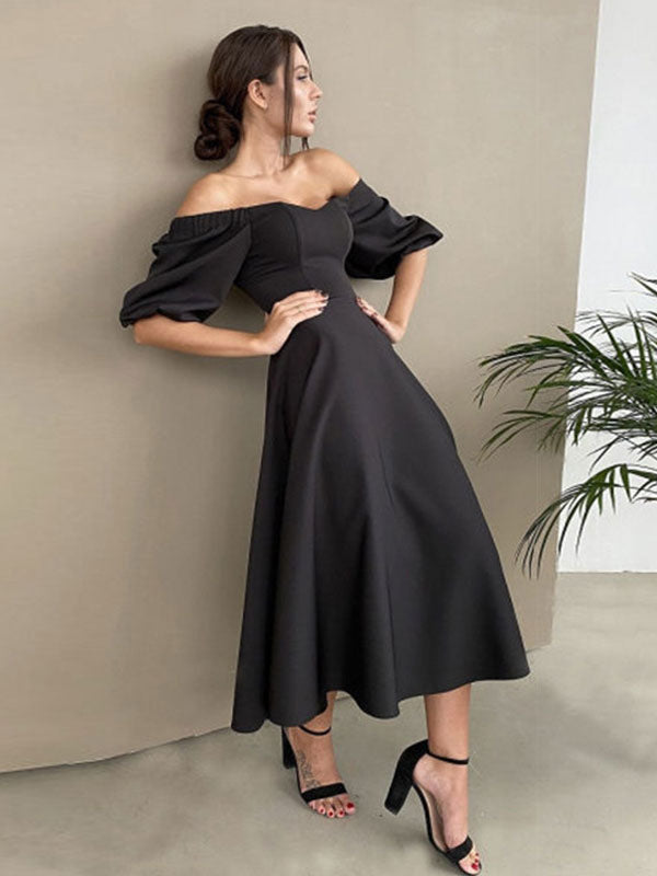 Midi Dress Bateau Neck Half Sleeves Semi Formal Party Dress