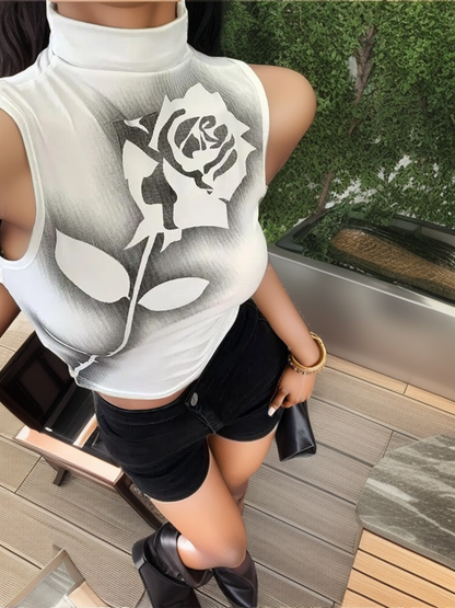 Gothic Rose Print Tank Top Aesthetic Y2k Crop Top Sleeveless Vest Harajuku Black Summer Tops Slim Clothes