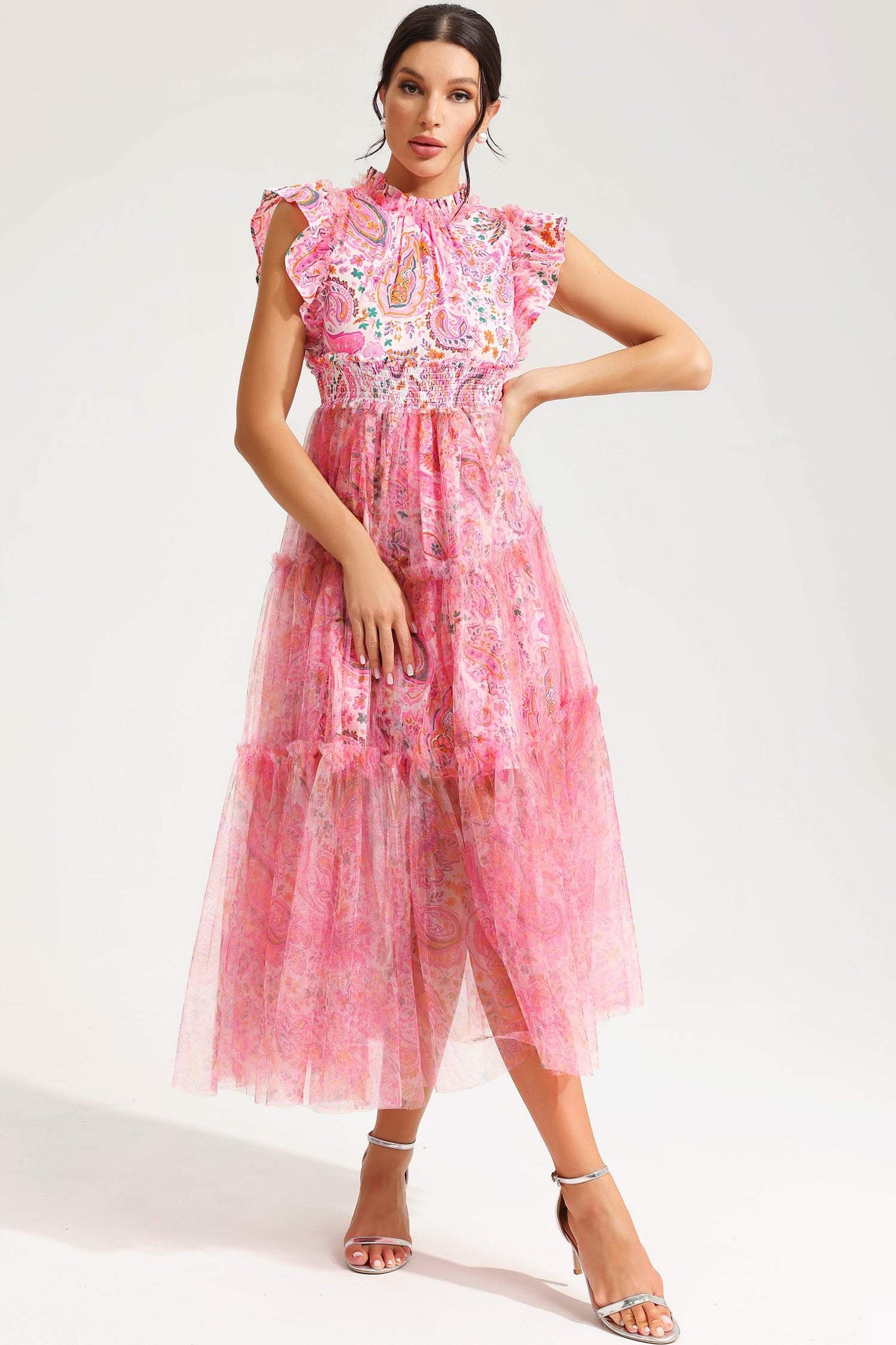 Flutter Sleeve Crew Collar Tapered Waist Midi Dress Pink