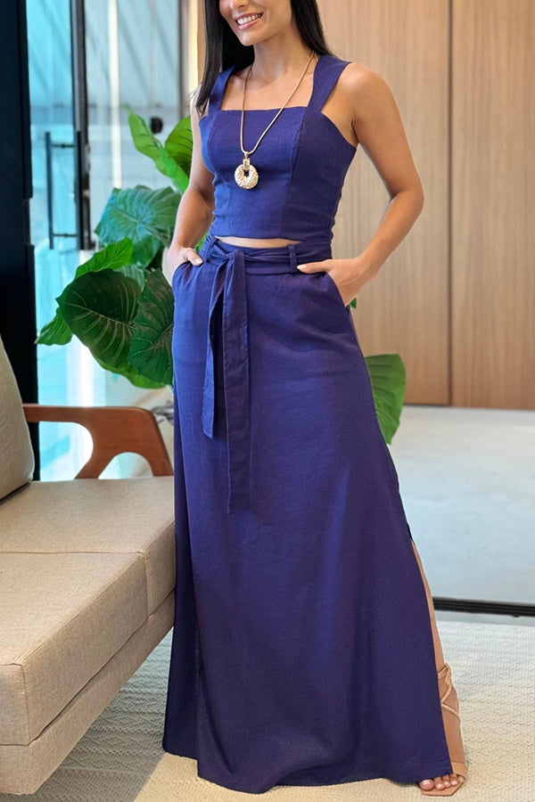 Color Slim Fit Camisole Top and High Waist Slit Pocket Long Skirt Set