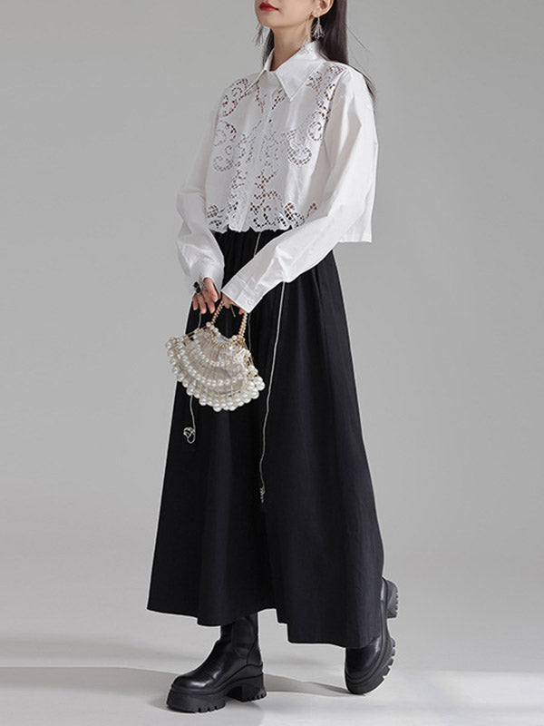Long Sleeves Loose Buttoned Hollow Color Lapel Blouses&shirts Tops