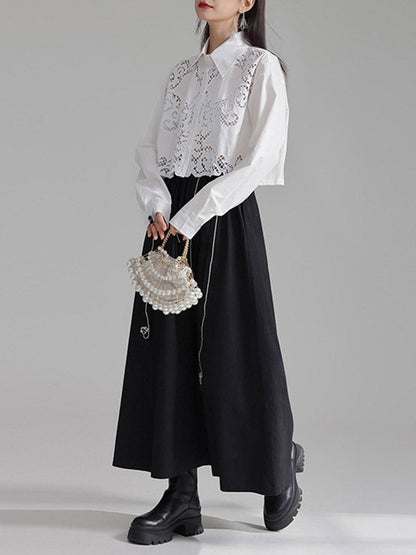 Long Sleeves Loose Buttoned Hollow Color Lapel Blouses&shirts Tops