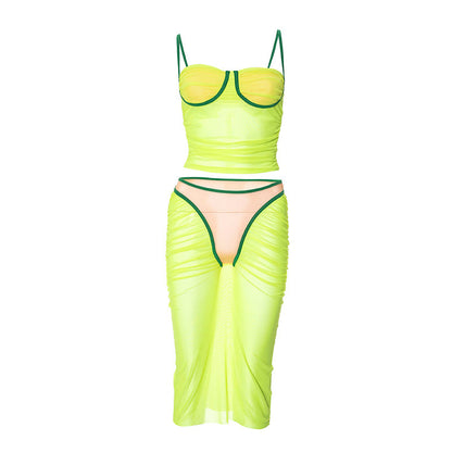 Clothing Summer Sleeveless Strap Top Pleated Stitching Pantskirt Color Matching Mesh Suit