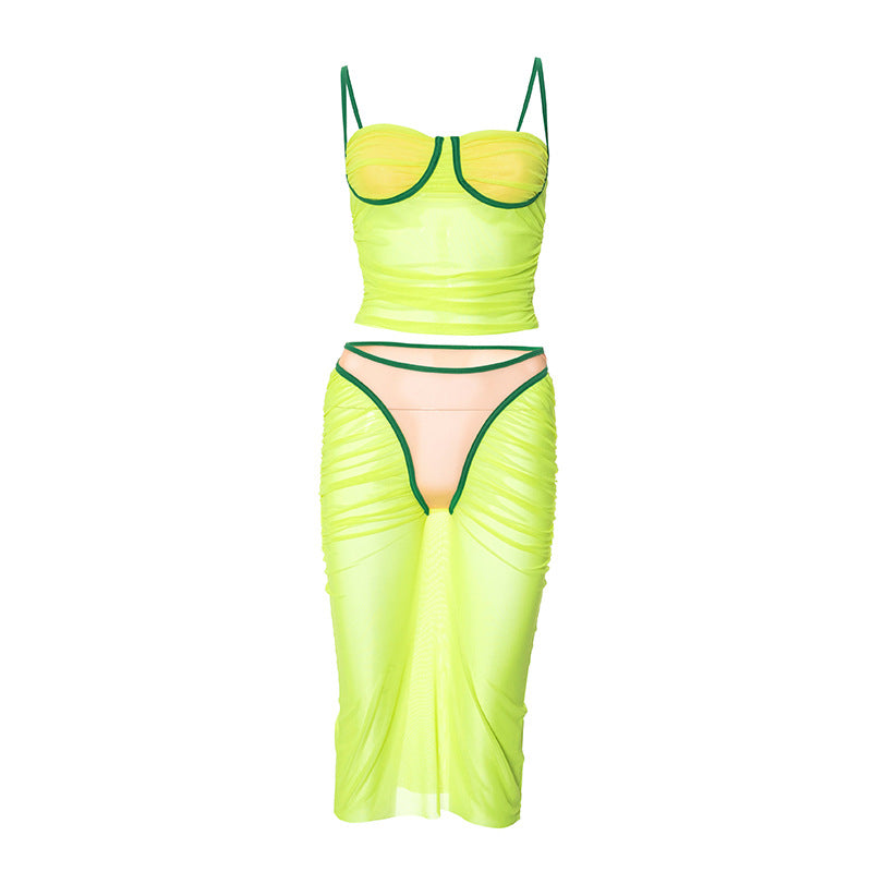 Clothing Summer Sleeveless Strap Top Pleated Stitching Pantskirt Color Matching Mesh Suit