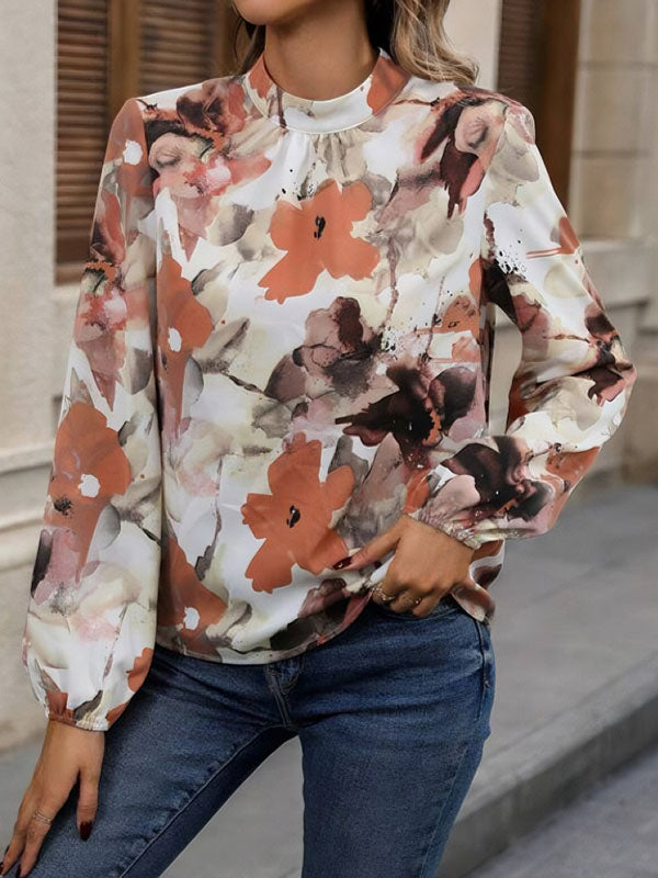 Long Sleeves Loose Elasticity Flower Print Pleated Mock Neck Blouses&shirts Tops