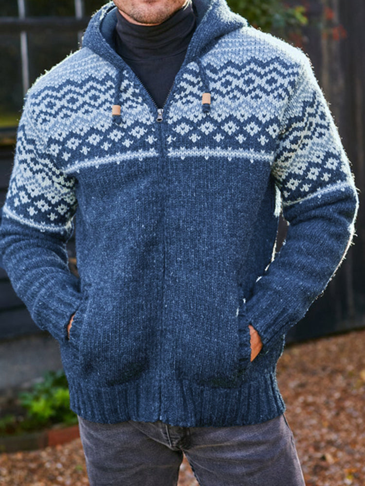Mens Vintage Fair Isle Knitted Hooded Cardigan elevenforest