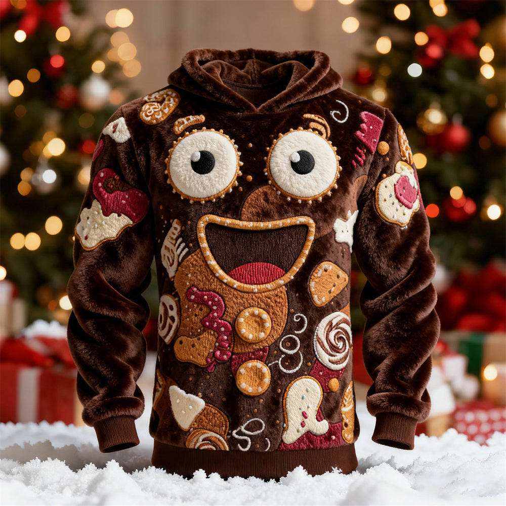 Comstylish Christmas Jolly Cookie Embroidered Men's Flannel Hoodie