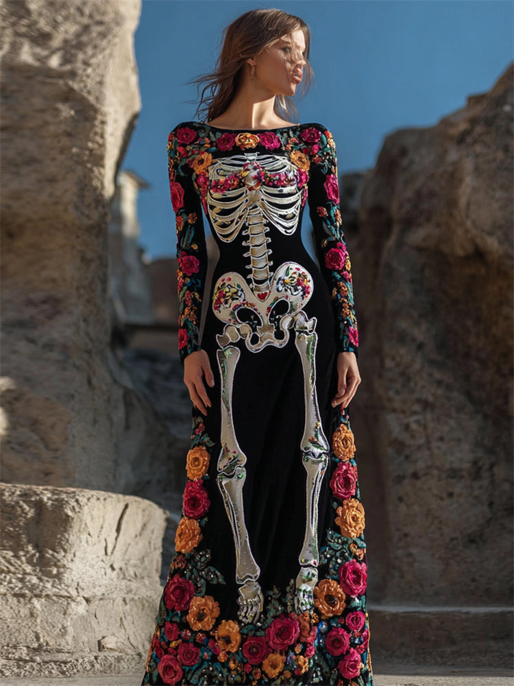 Day Of The Dead Sugar Skeleton Floral Embroidered Velvet Maxi Dress artswardrobe