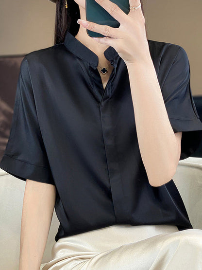 Loose Short Sleeves Buttoned Color Stand Collar Blouses&shirts Tops