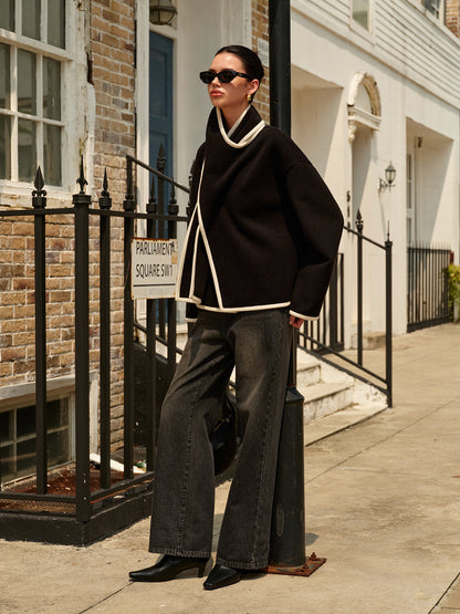 Contrast Trim Wool Coat With Scarf