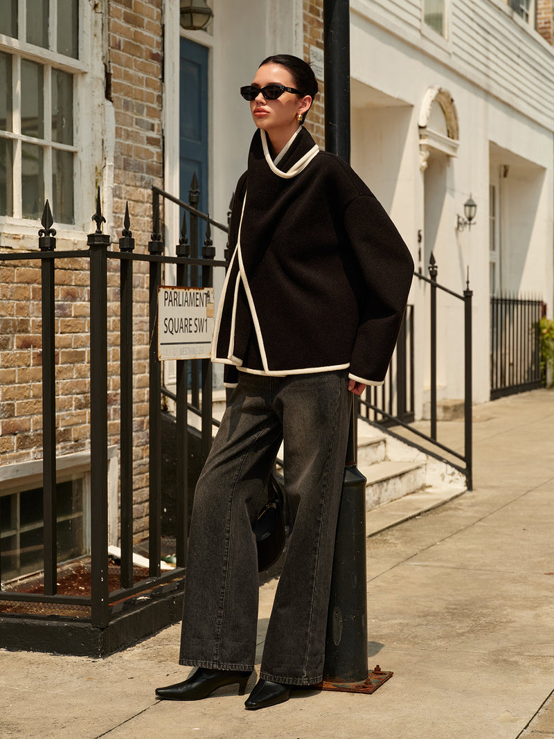 Contrast Trim Wool Coat With Scarf
