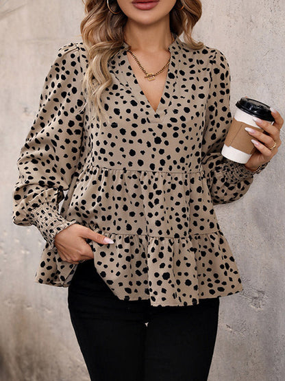 Long Sleeves Loose Elasticity Polka-dot Split-joint V-neck Blouses&shirts Tops