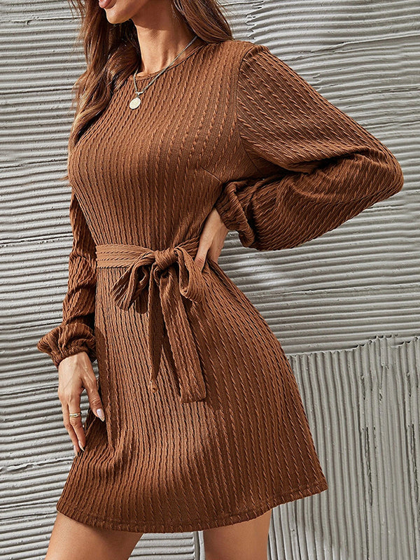 Long Sleeves Loose Hollow Color Tied Waist Round-neck Mini Dresses
