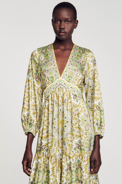 Paisley Mid Sleeve V-neck Midi Dress