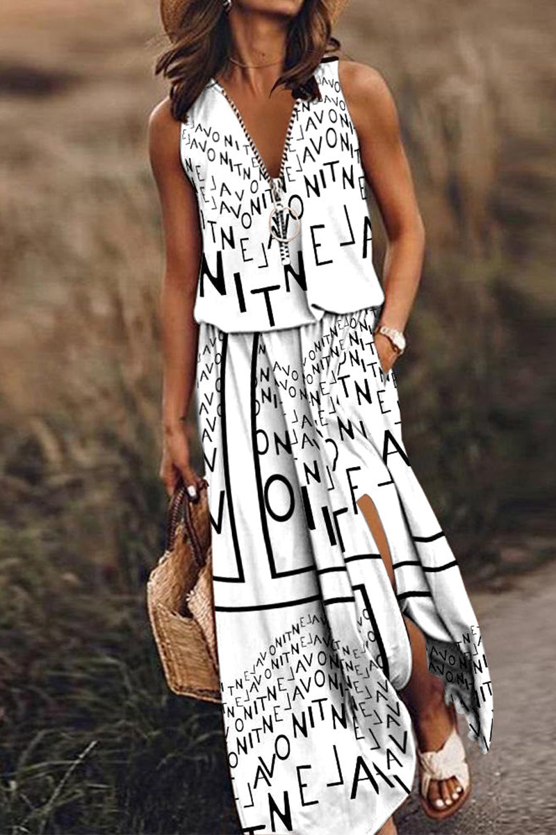 Street Letter Zipper V Neck Vest Dress Dresses(3 Colors)