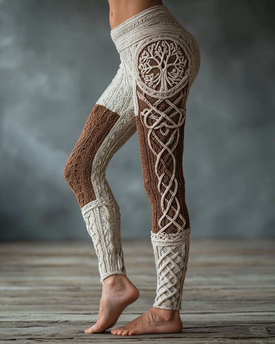 Vintage Viking Tree Of Life Celtic Knot Art Knit Jacquard Cozy Leggings artswardrobe