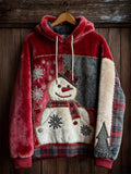 Comstylish Vintage Christmas Snowman Snowflakes Plaid Colorblock Plush Hoodie