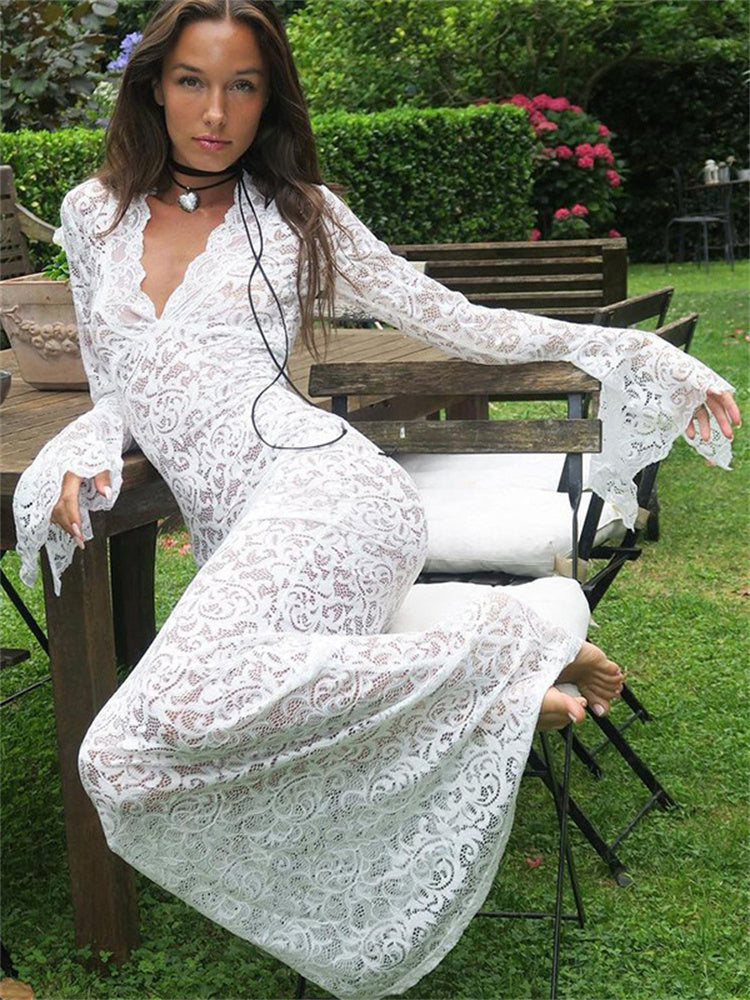 Tossy Lace Hollow Out Printed Long Dress Female Patchwork V-neck High Street Dress Party Looks Maxi Dress New