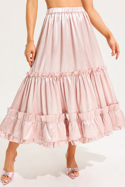 Mid Waist Ruffle Midi Skirt