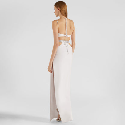 White Rhinestone Hollow Out Cutout Out Dress Camisole Backless Maxi Dress Dress Slim Bandage