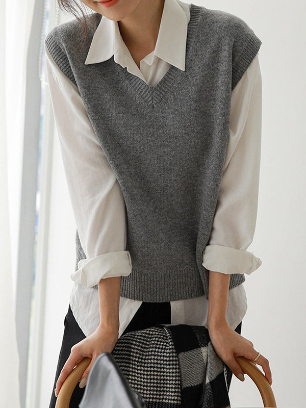 Loose Sleeveless Color V-neck Sweater Vest Outerwear