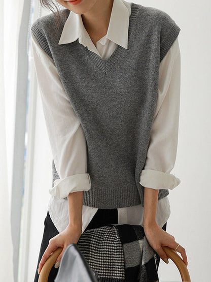 Loose Sleeveless Color V-neck Sweater Vest Outerwear