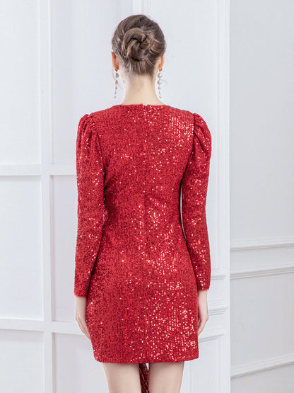 Sequin Mini Dress Surplice Tank Bow Faux Wrap Birthday Party Dresses
