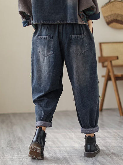 Contrast Color Fringed Split-joint Long Sleeves Printed Outwear + Harem Pants Two Pieces Set