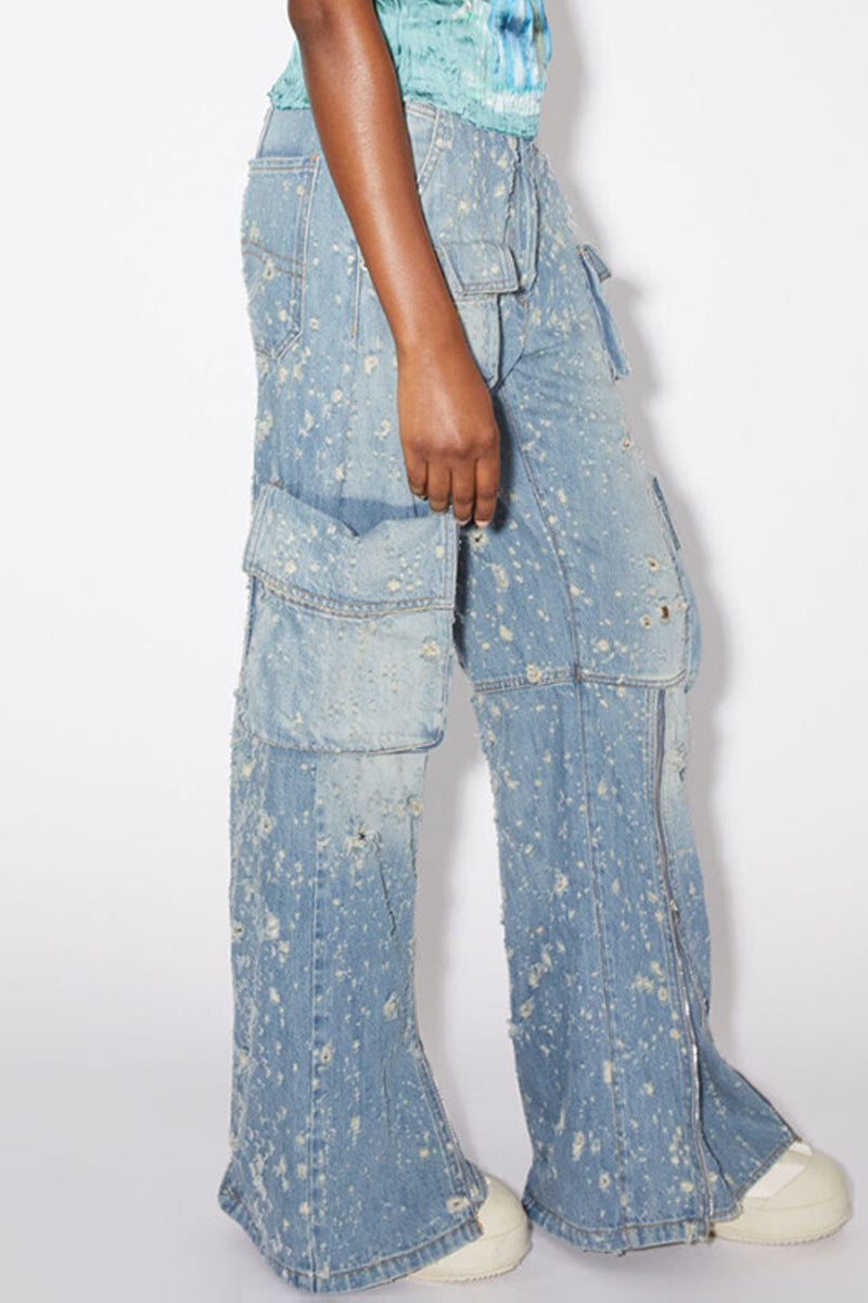 Patchwork Ripped Pocket Zipper Straight Denim Jeans