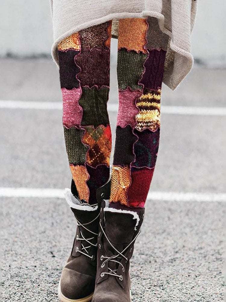 Vintage Colorful Patchwork Cozy Knit Leggings elevenforest