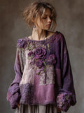 Vintage Purple Roses Boho Lace Patchwork Linen Tunic