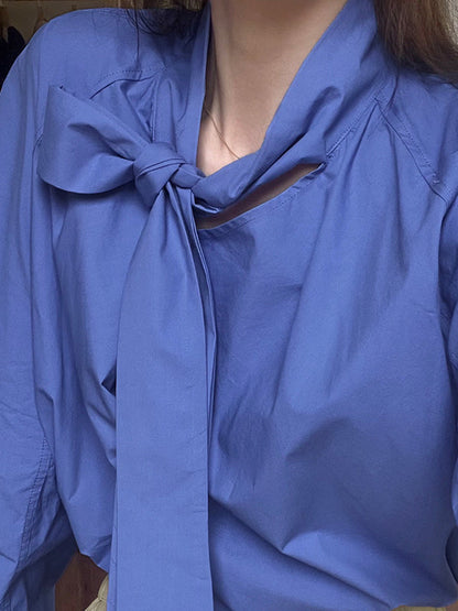 Long Sleeves Loose Color Split-joint Streamer High Neck Blouses