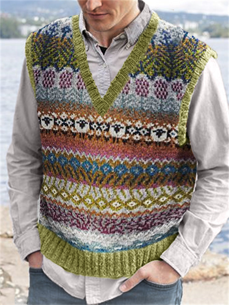 Men's Vintage Sheep Colorful V Neck Isle Knit Vest elevenforest