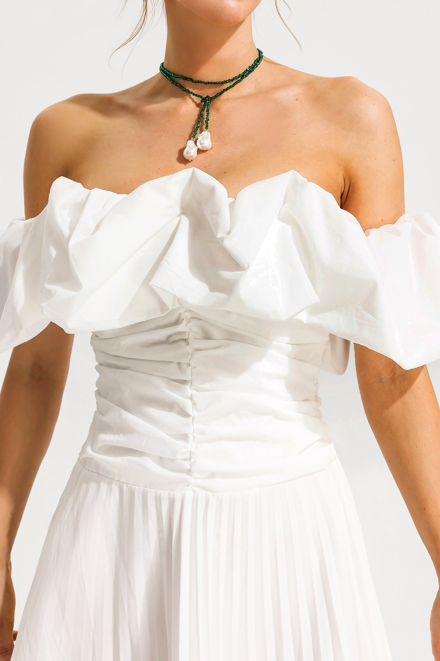 Off-shoulder Puff Sleeve Pleated Midi Dress White