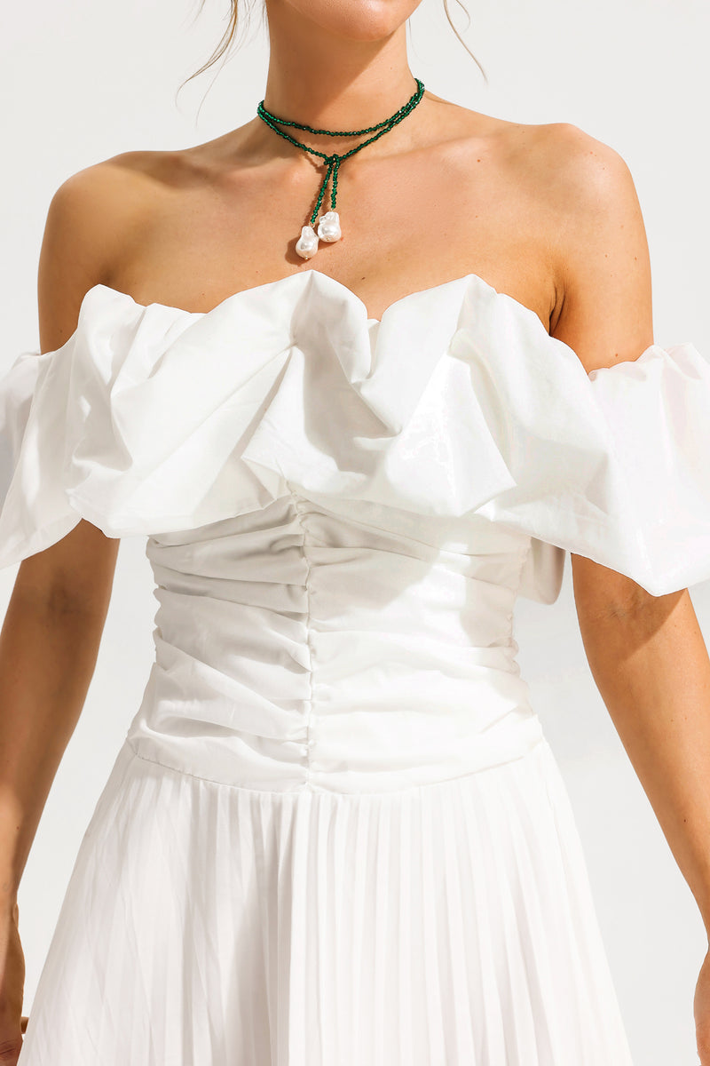 Off-shoulder Puff Sleeve Pleated Midi Dress White
