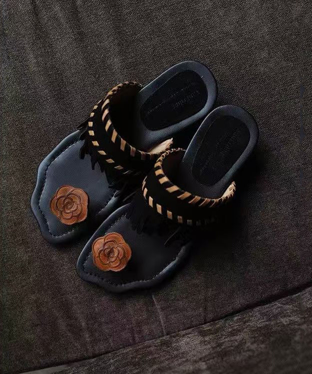 Stylish Black Tasseled Splicing Flip Flops Slide Sandals Ag1015