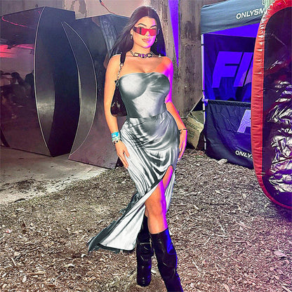 Summer 3d Body Print 2 Piece Set Strapless Bodysuits High Slit Long Skirts Sleeveless Outfits Club