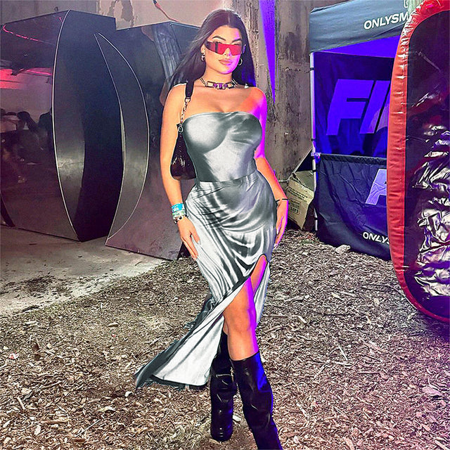 Summer 3d Body Print 2 Piece Set Strapless Bodysuits High Slit Long Skirts Sleeveless Outfits Club