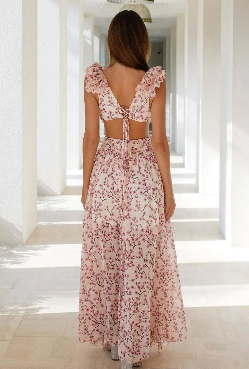 V-neck Tapered Waist Slit Midi Dress