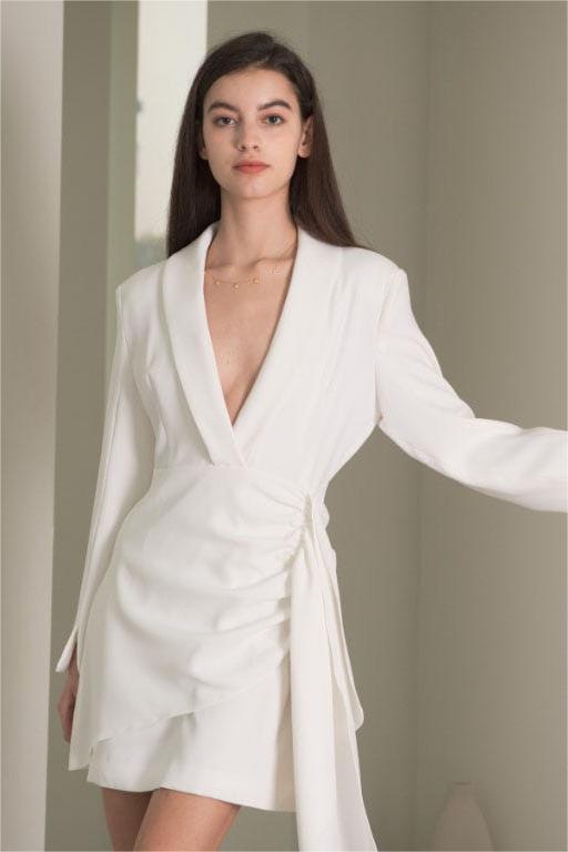 Long Sleeves V-neck Smocked Elastic Mini Dress White