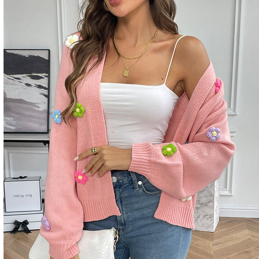 Hand Crocheting Sweet Knitted Cardigan Sweater Coat Idle Loose Sweater